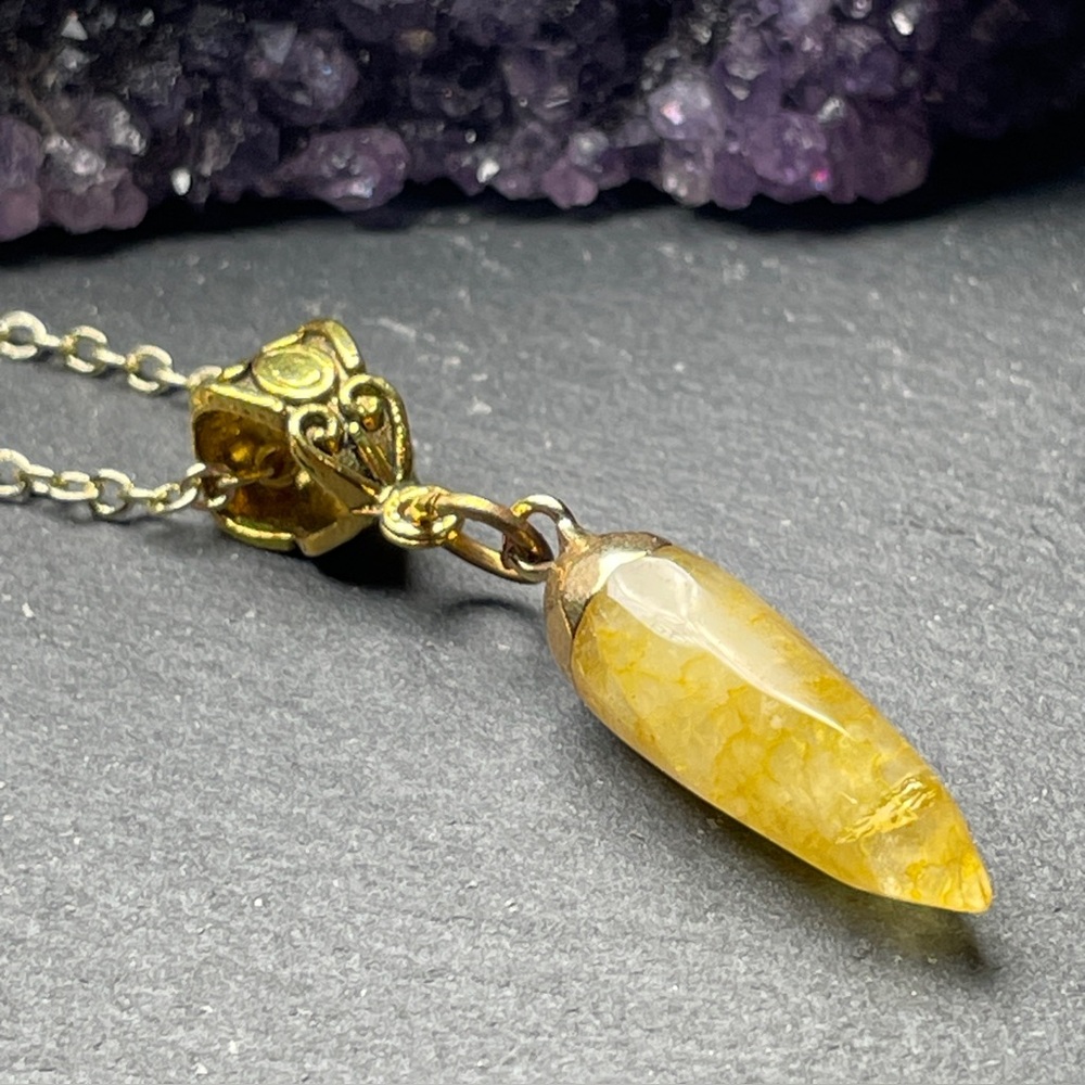 Yellow Jade Nugget Necklace Pendant Gold Plated Chain - Picture 7 of 15